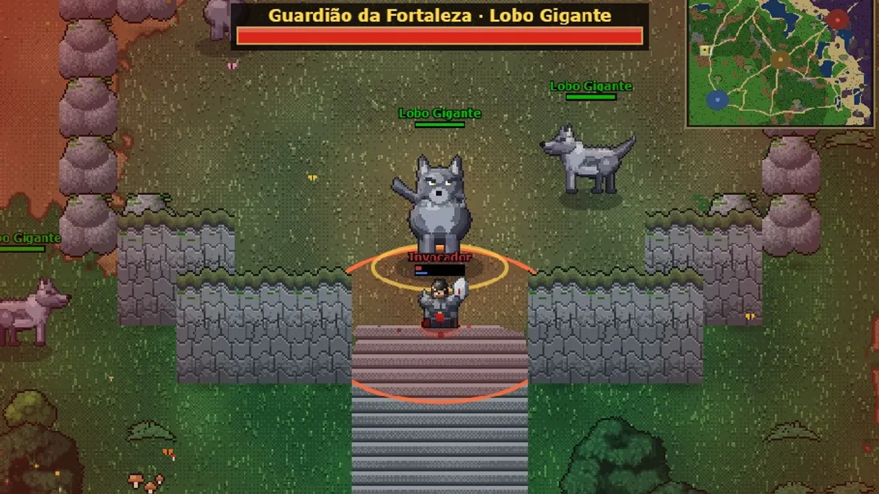 O LoL Idle em jogo: o Invocador na escada da fortaleza, cercado de Lobos Gigantes, com a barra do Guardião da Fortaleza