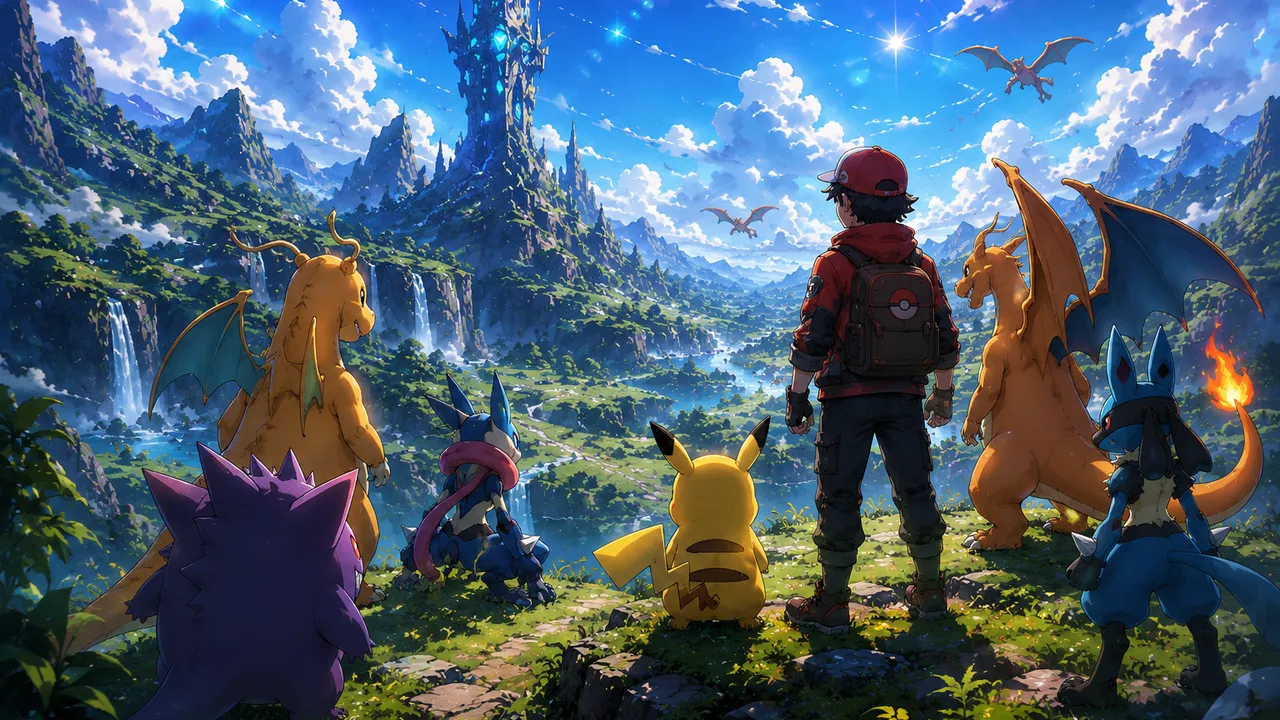 A arte do Poke Idle World: um treinador de costas olhando o vale com Pikachu, Charizard, Dragonite, Lucario e Gengar