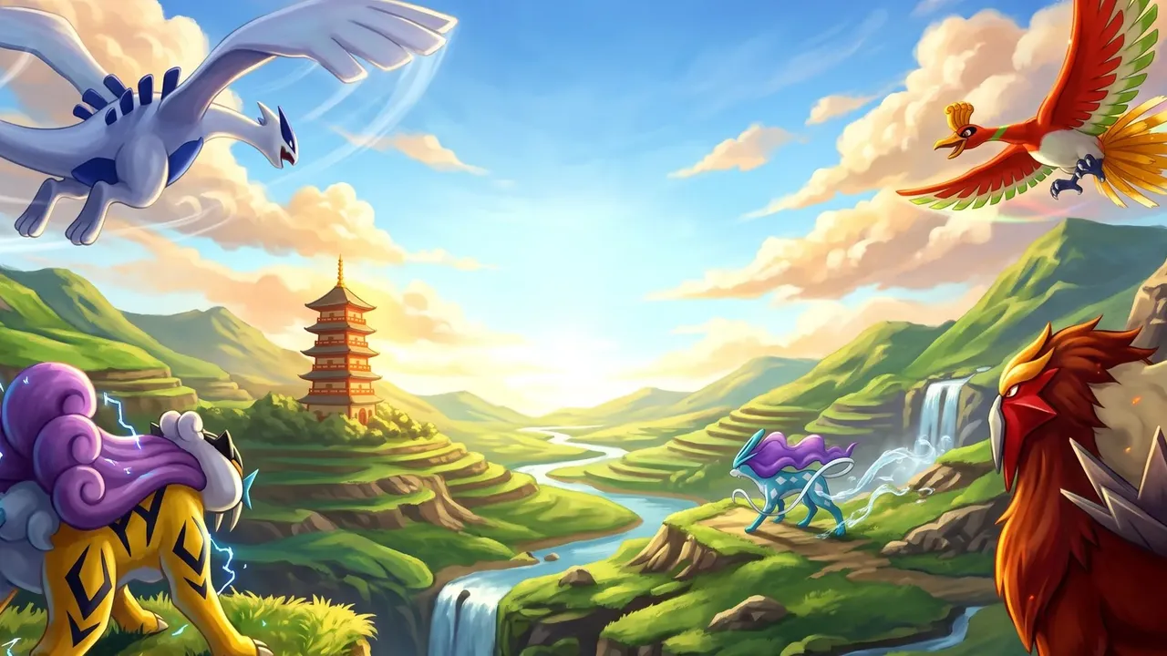A arte do Sigma Project: Lugia e Ho-Oh no céu sobre um vale com um pagode, e Raikou, Suicune e Entei no chão