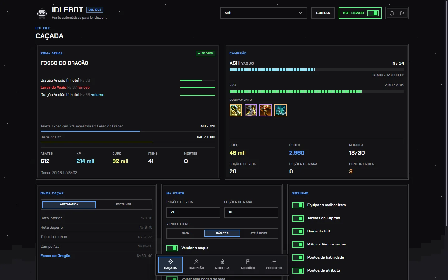 O painel do LoL Idle com uma conta caçando: a zona de agora com a tarefa e a diária andando, o campeão com o equipamento, onde caçar, o que fazer na Fonte e o que o robô faz sozinho